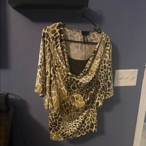 Brown and Cream Animal Print Cowl Neck Women's Top
